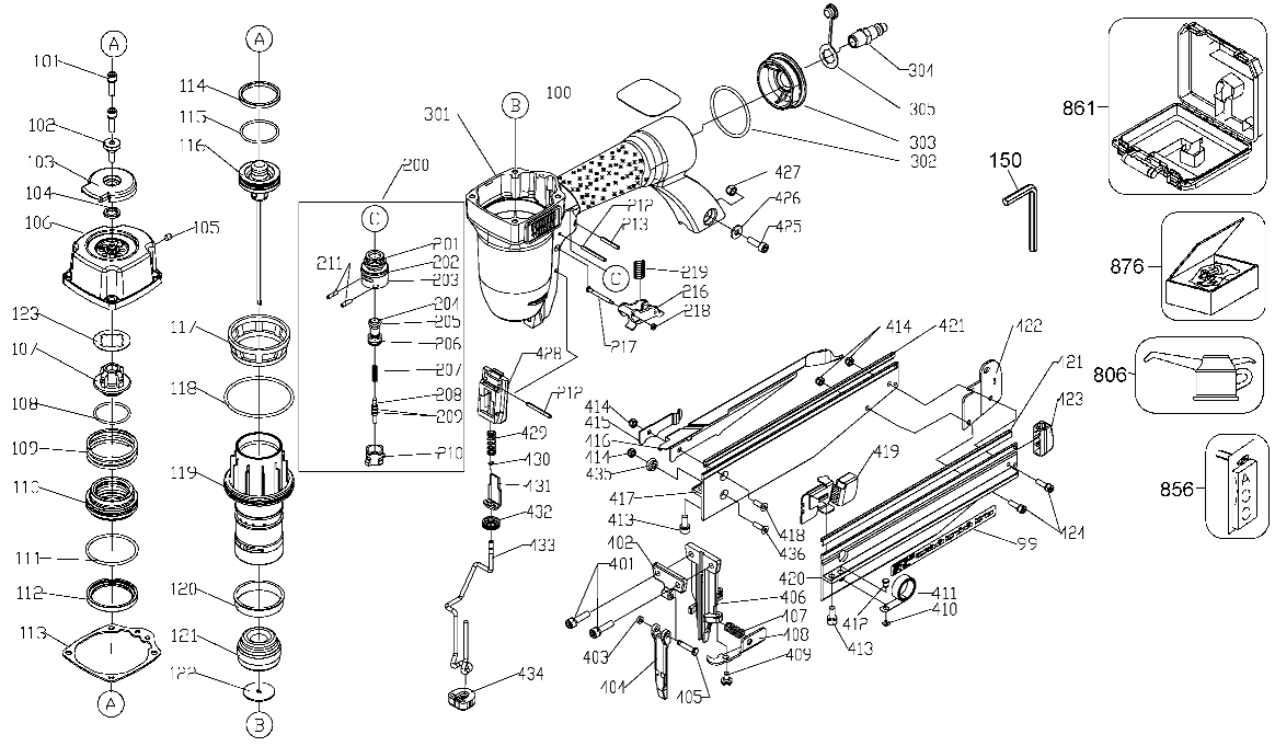 Default Diagram and Parts List for FN251 Type 1 Porter Cable Nailer